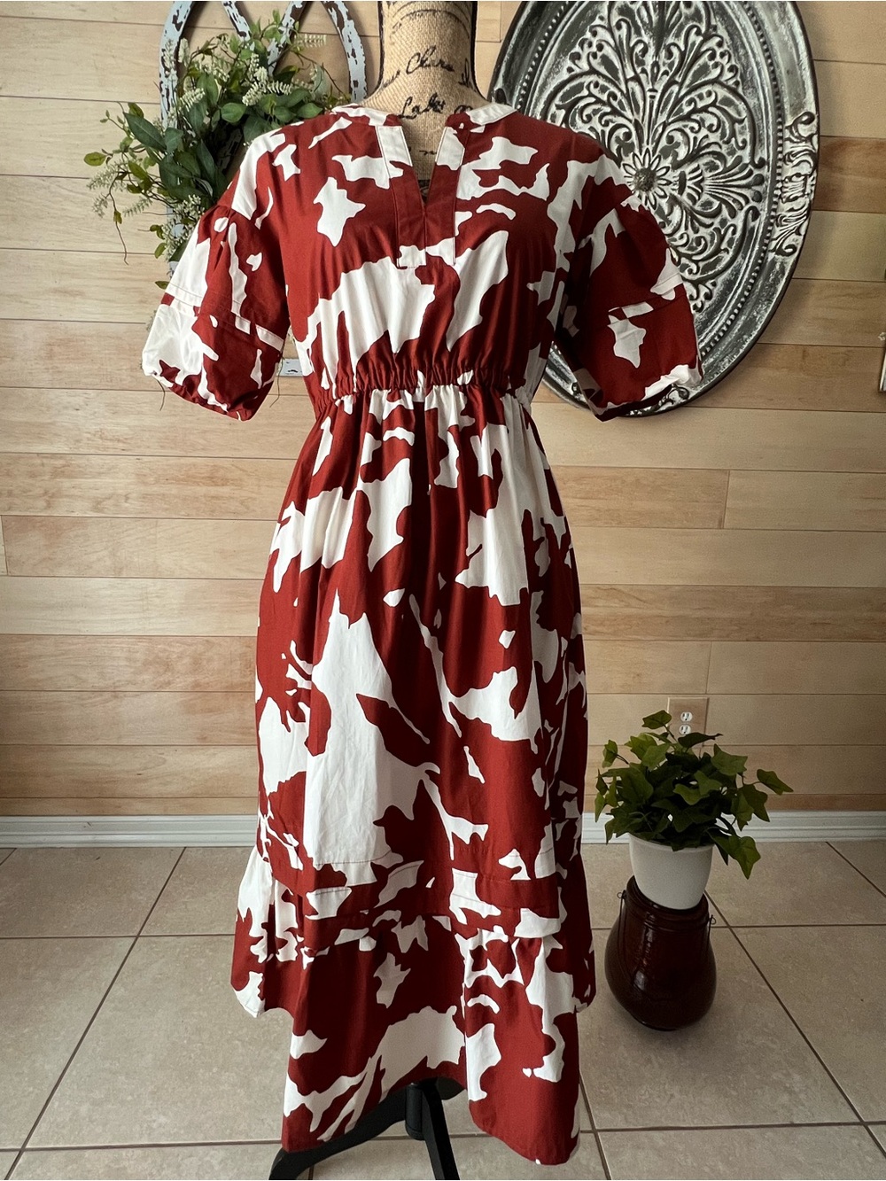 Banana Republic Women's Rust Brown & Cream Print Midi Dress Size Extra Small